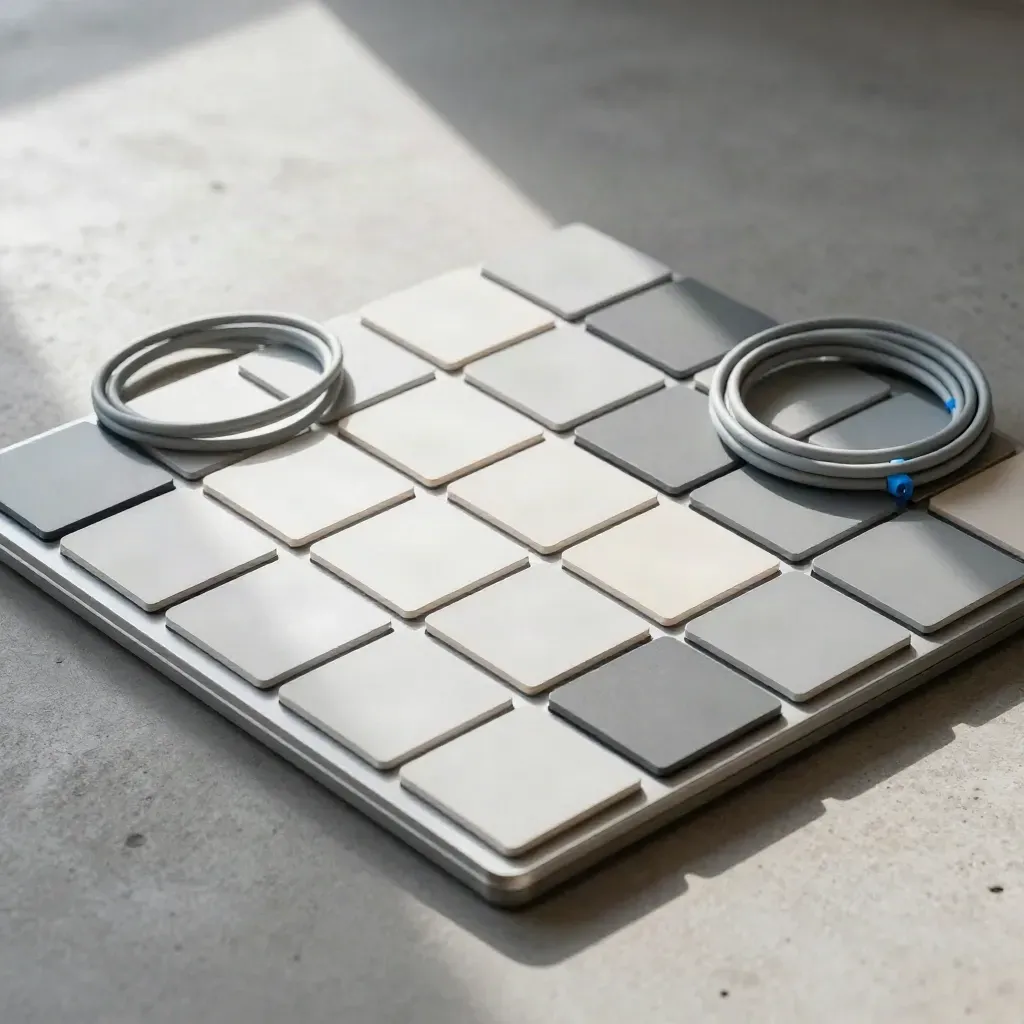 Grid cards snap into alignment beside a loose cable coil on a concrete surface with blue accents.
