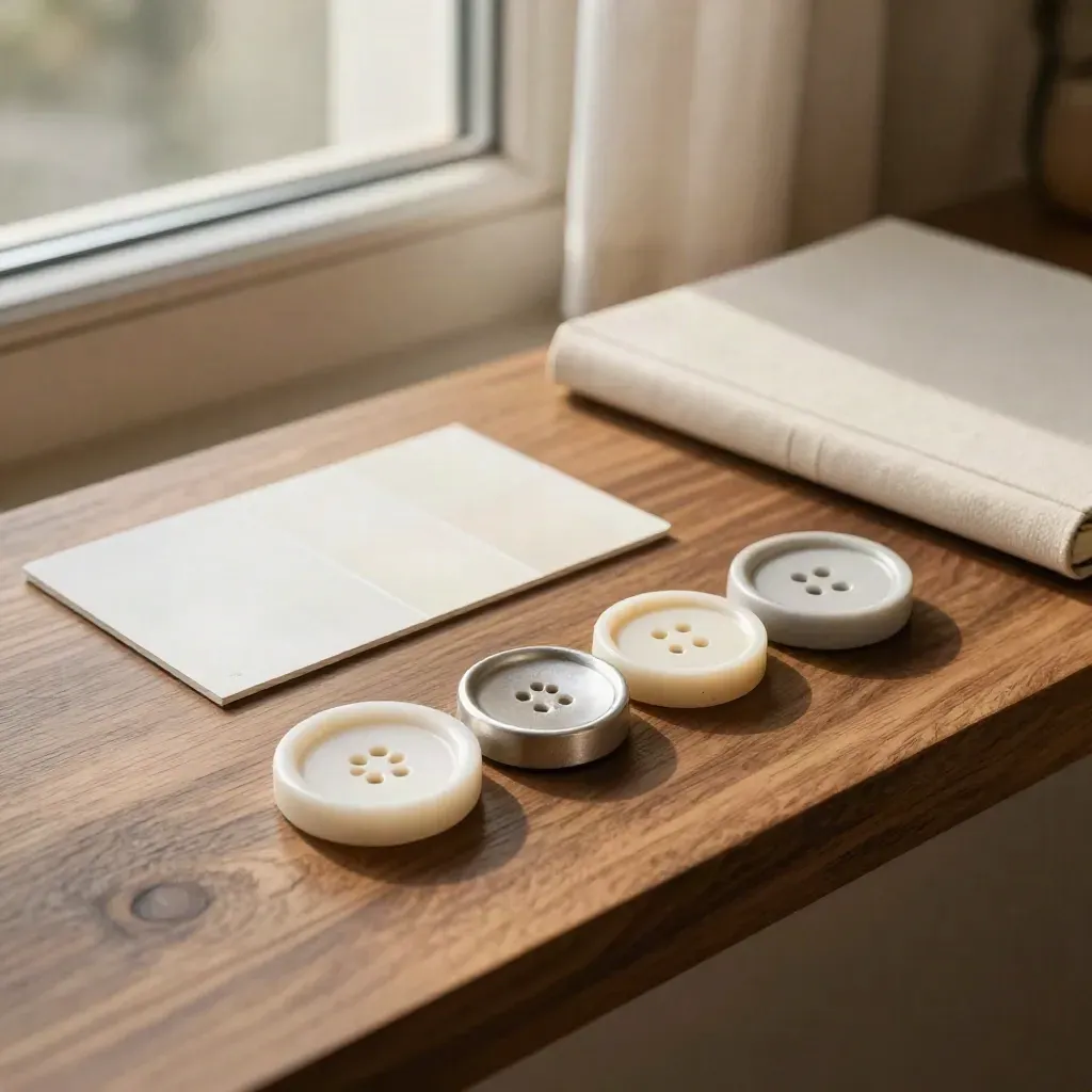 Four button-state tiles, swatch card and closed notebook on a walnut ledge in window light.