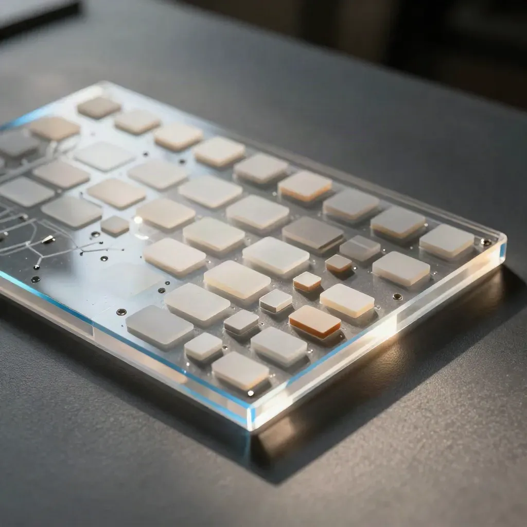 Macro of acrylic design token chips, spacing blocks and a slim folder on a graphite table.