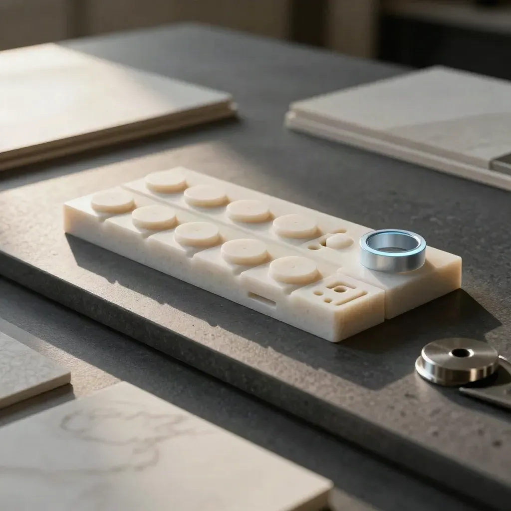 Tactile form prototype with raised input blocks and blue focus glow on a dark studio table