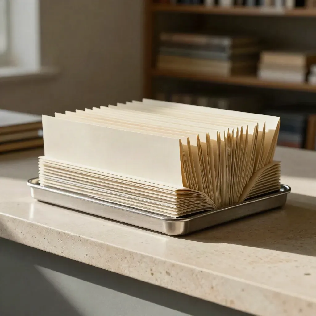 Brushed trays and nested folders on a limestone ledge in a soft studio archive
