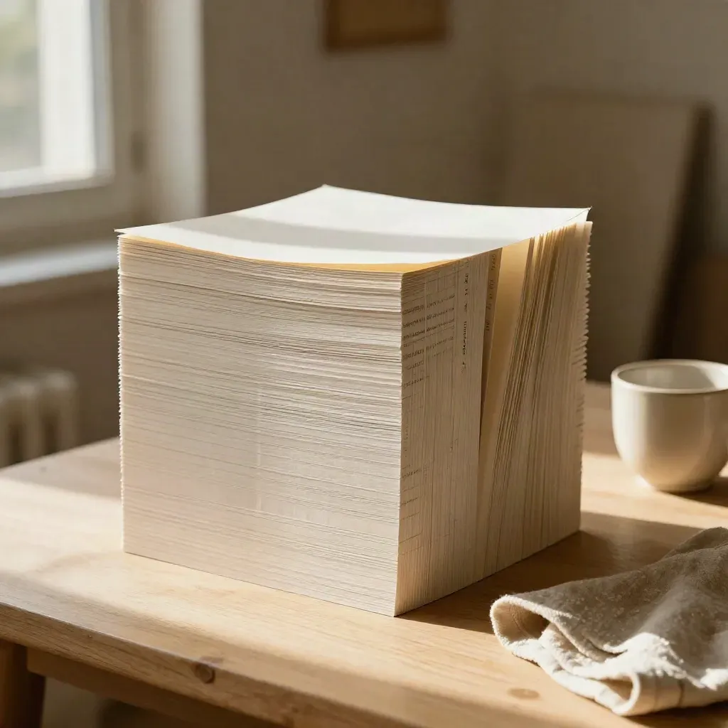 Type specimen papers, linen cloth and ceramic cup on a sunlit studio bench.