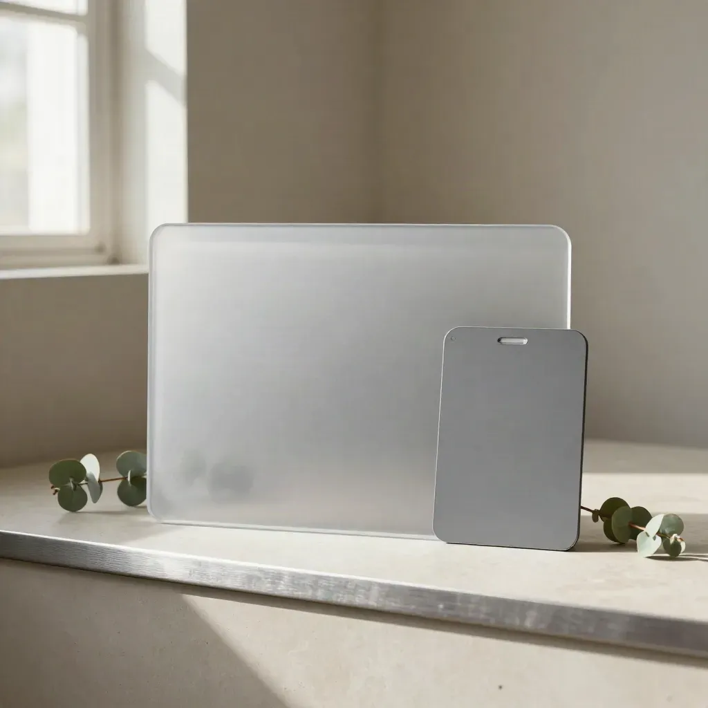 Translucent asset folder, two device mockups, and eucalyptus on a pale plaster shelf.
