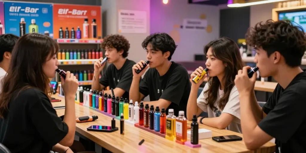 Diverse group enjoying rechargeable vapes, showcasing what replaced disposable vapes with popular kits and e-liquids.