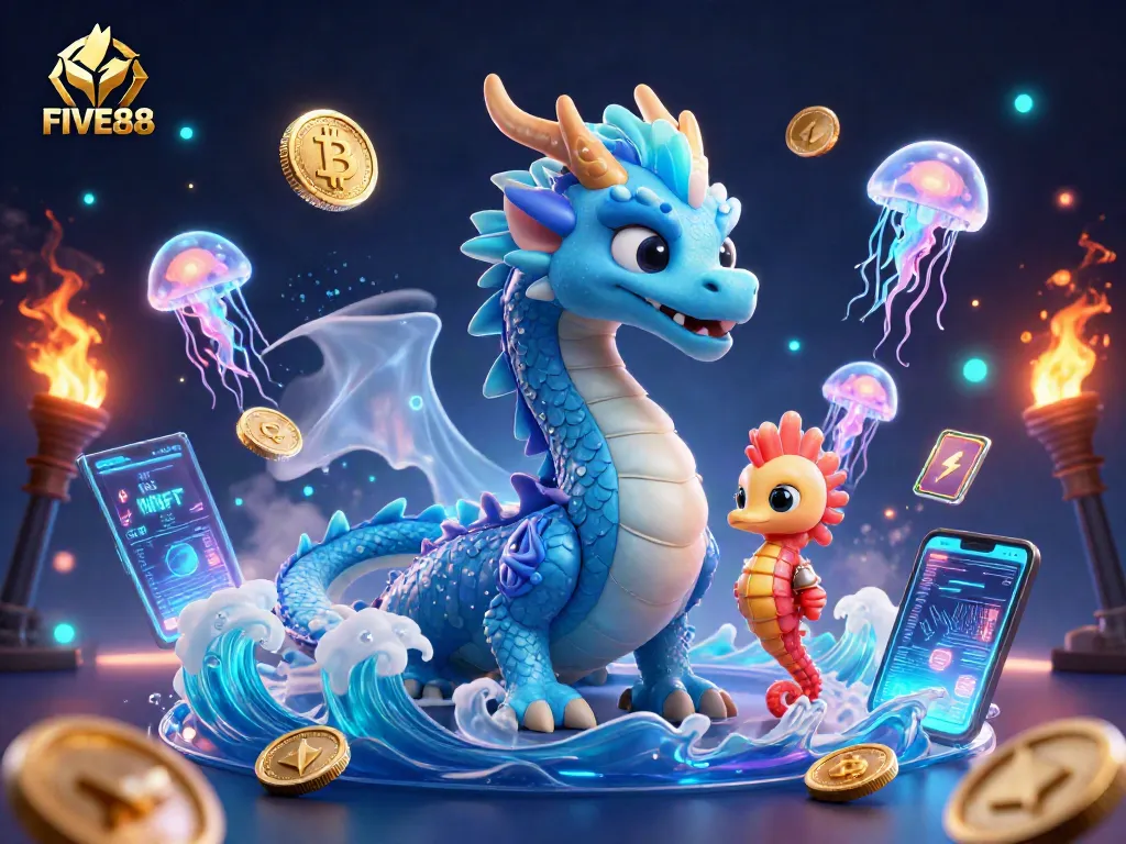 Engage with FIVE88's dynamic gaming scene featuring a majestic dragon, seahorse knight, and crypto elements.