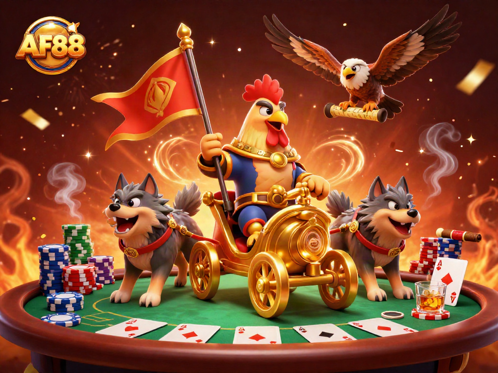 Engage with AF88's gaming action in a vibrant, detailed casino scene showcasing a rooster warlord.