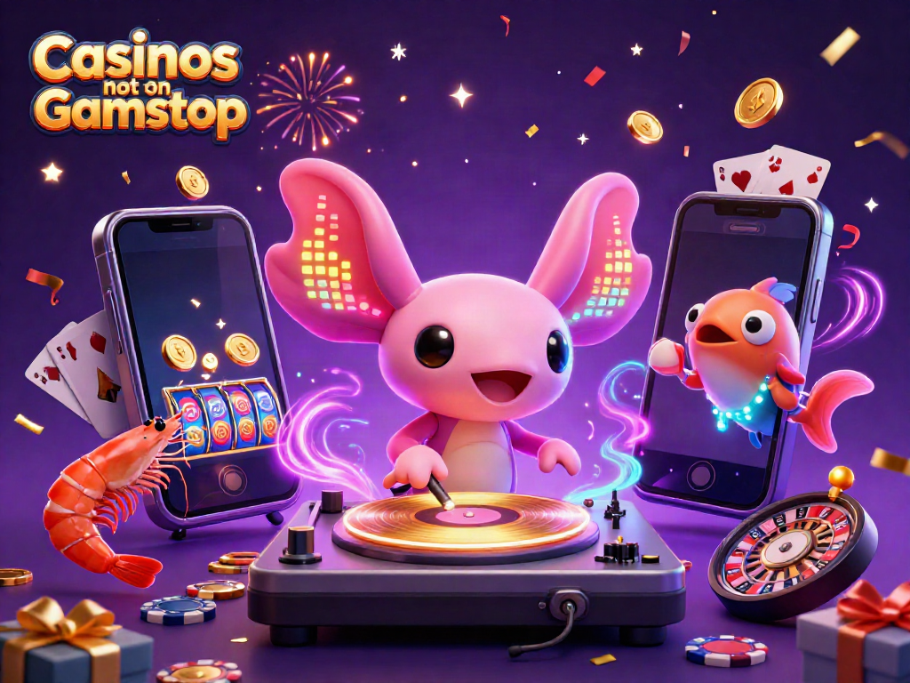Spinning vibrant slots and lively characters at Casinos not on Gamstop, showcasing exciting gaming atmosphere.