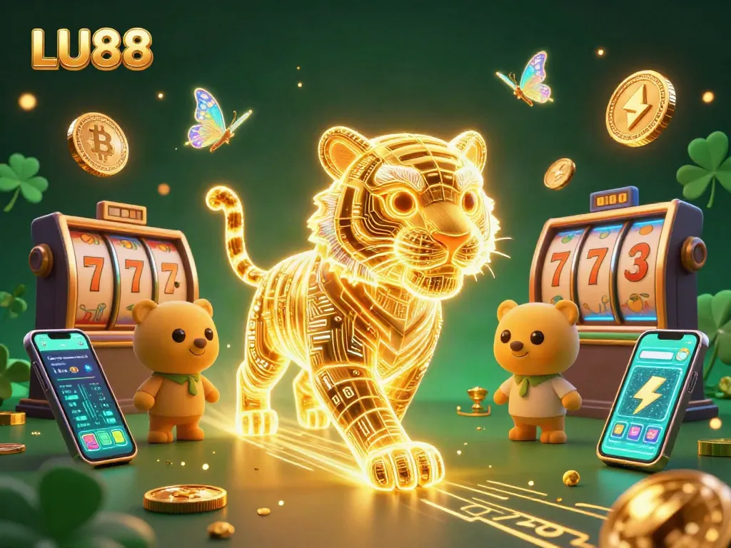 Engage with LU88's vibrant casino gaming scene featuring a dynamic neon tiger and crypto elements.