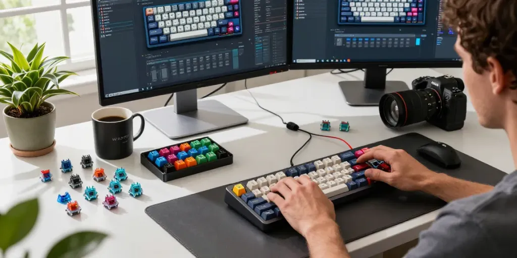 Discover the best Hall Effect switches for Wooting while customizing your keyboard in a vibrant workspace.