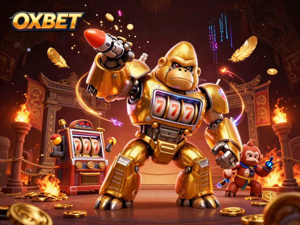 Experience thrilling action at OXBET with a dynamic 3D golden gorilla mech and casino elements