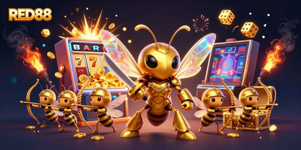 Experience the excitement of RED88 with a dynamic 3D illustration of vibrant characters and casino-themed elements.