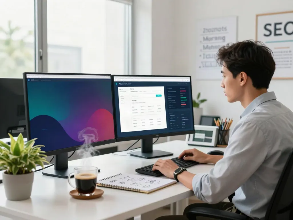 SEO specialist optimizing instant indexing strategies in a vibrant office.