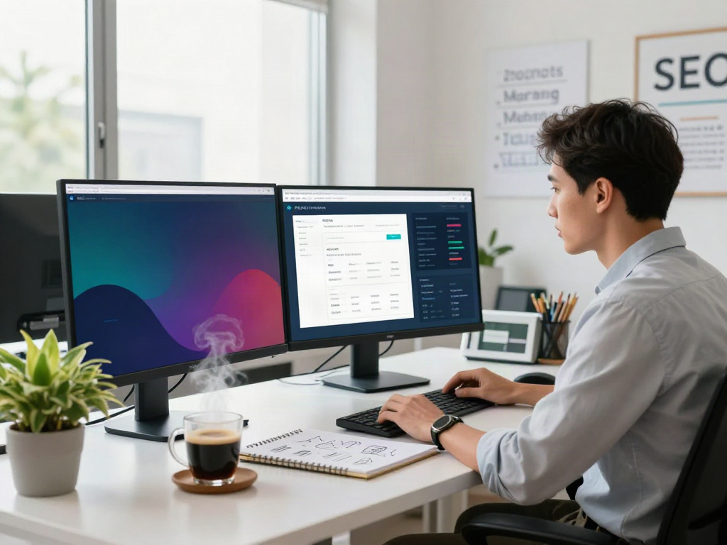 SEO specialist optimizing instant indexing strategies in a vibrant office.