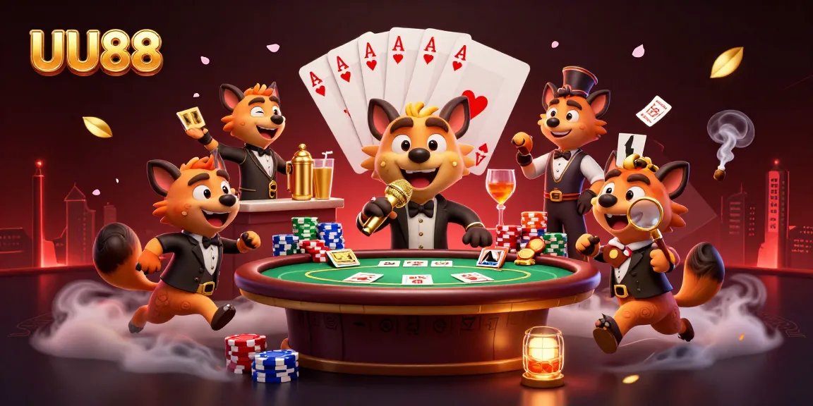 Experience the vibrant UU88 casino scene with hyenas, poker elements, and a comedy atmosphere.