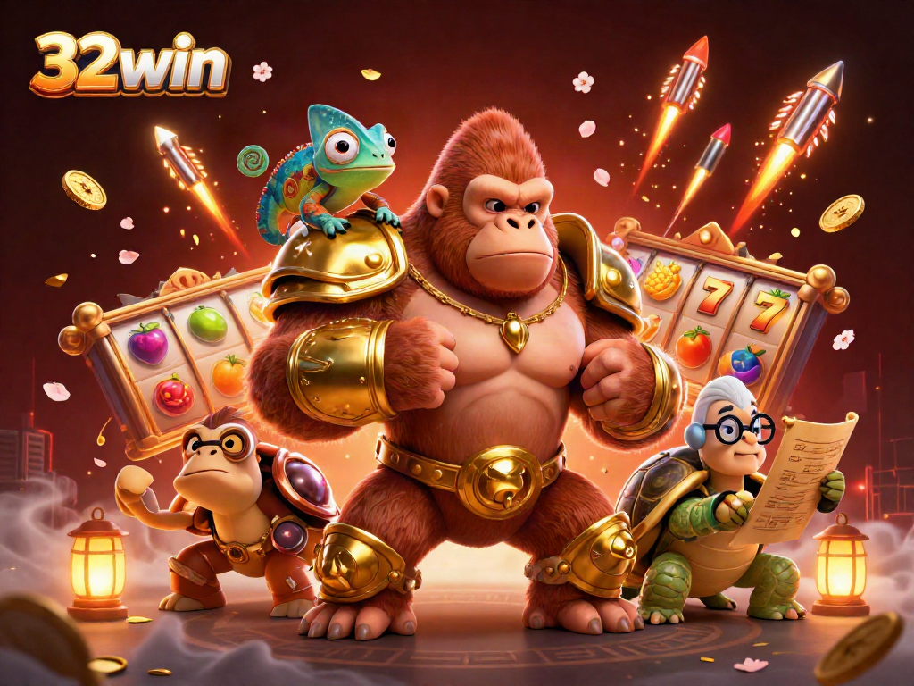 Engage in thrilling slots at 32win with a vibrant casino scene featuring a powerful gorilla king.
