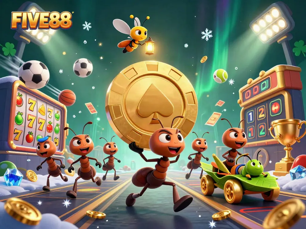 FIVE88 showcases vibrant teamwork in a casino heist scene filled with action and gaming elements.