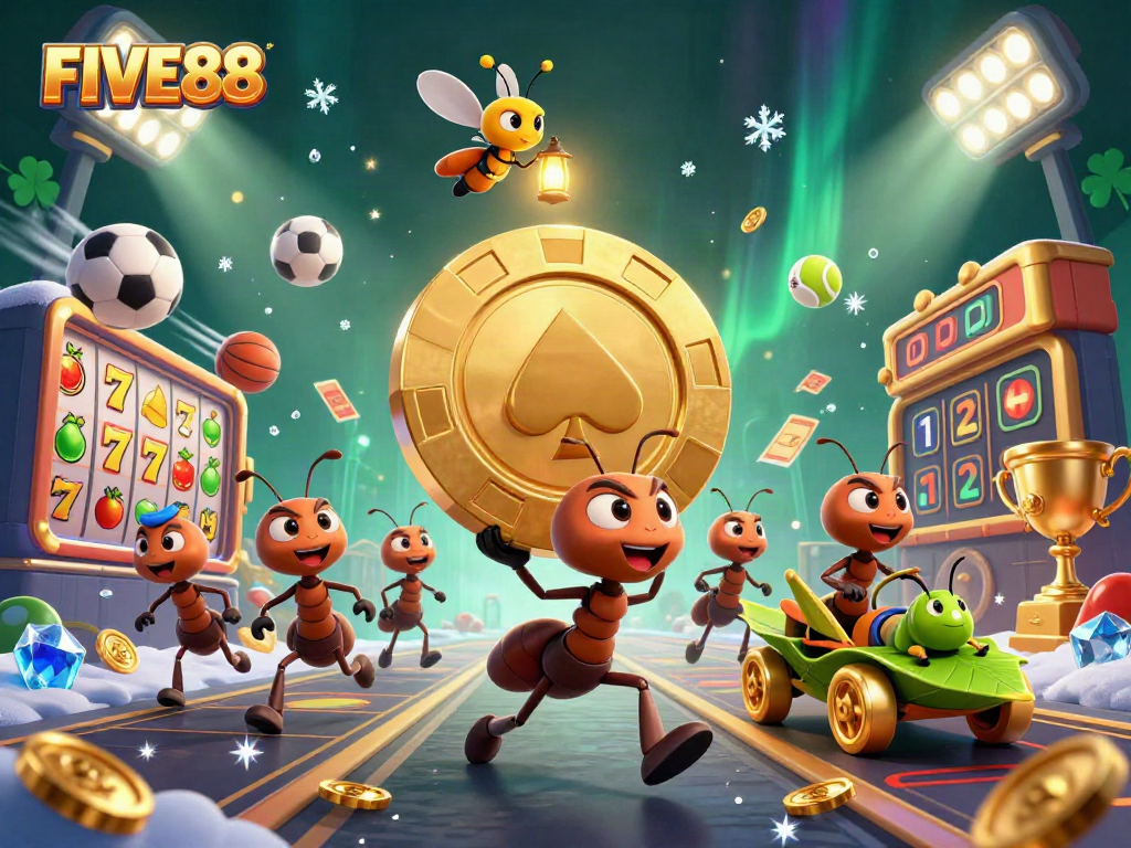 FIVE88 showcases vibrant teamwork in a casino heist scene filled with action and gaming elements.