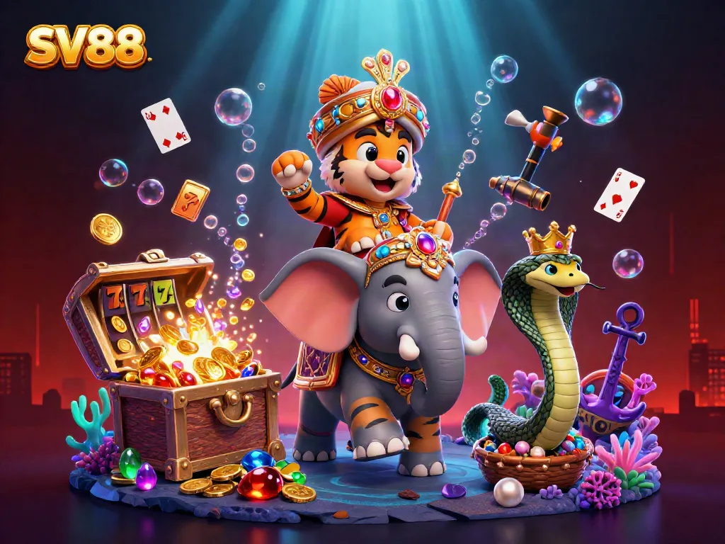 Experience thrilling SV88 gameplay with vibrant casino elements and majestic characters.
