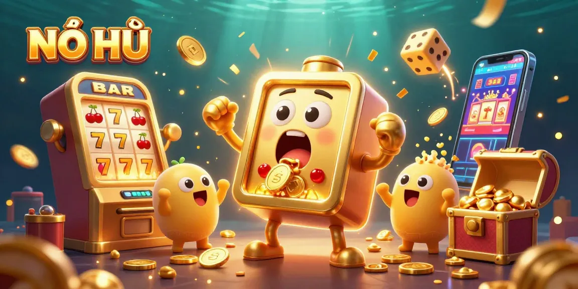 Experience the excitement of NỔ HŨ as joyful slot machines celebrate a jackpot explosion surrounded by gold and casino symbols.
