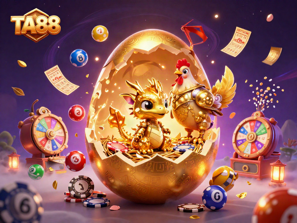 TA88 illustration featuring a golden dragon on poker chips amidst colorful lottery balls and vibrant casino elements.