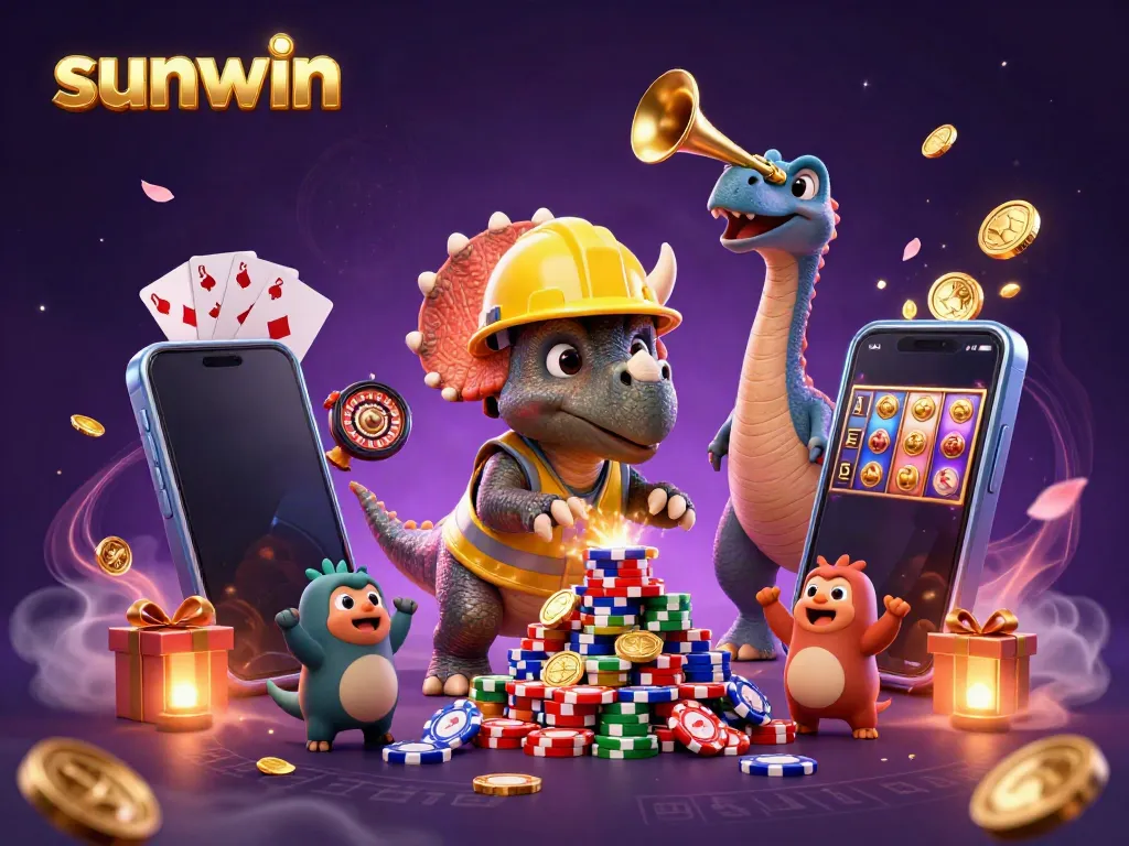 Experience the excitement of sunwin with vibrant characters celebrating casino gaming, showcasing dynamic slot games and poker elements.