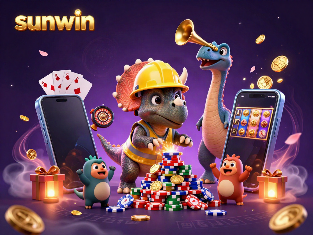 Experience the excitement of sunwin with vibrant characters celebrating casino gaming, showcasing dynamic slot games and poker elements.