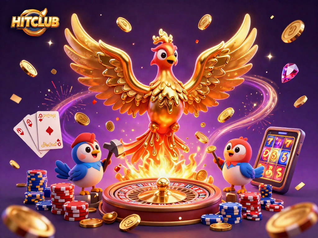 Experience excitement at HITCLUB with golden coins cascading in a vibrant casino atmosphere.