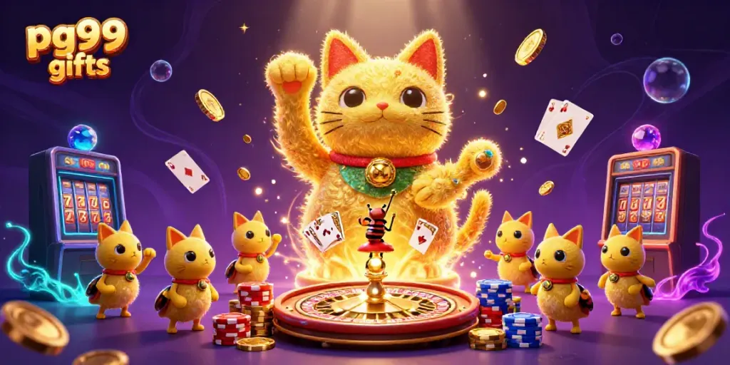 Experience the thrills of pg99 gifts with a vibrant lucky cat and dynamic casino symbols.