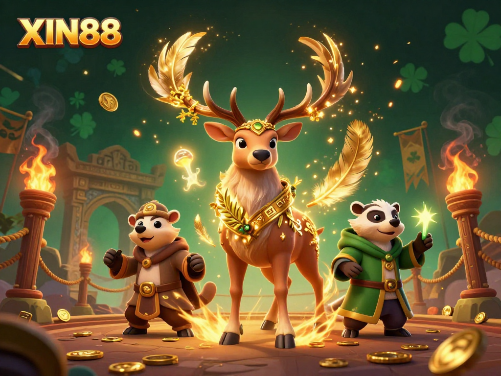 XIN88 captures the thrill of gaming with dynamic 3D characters and rich casino elements in a vibrant scene.