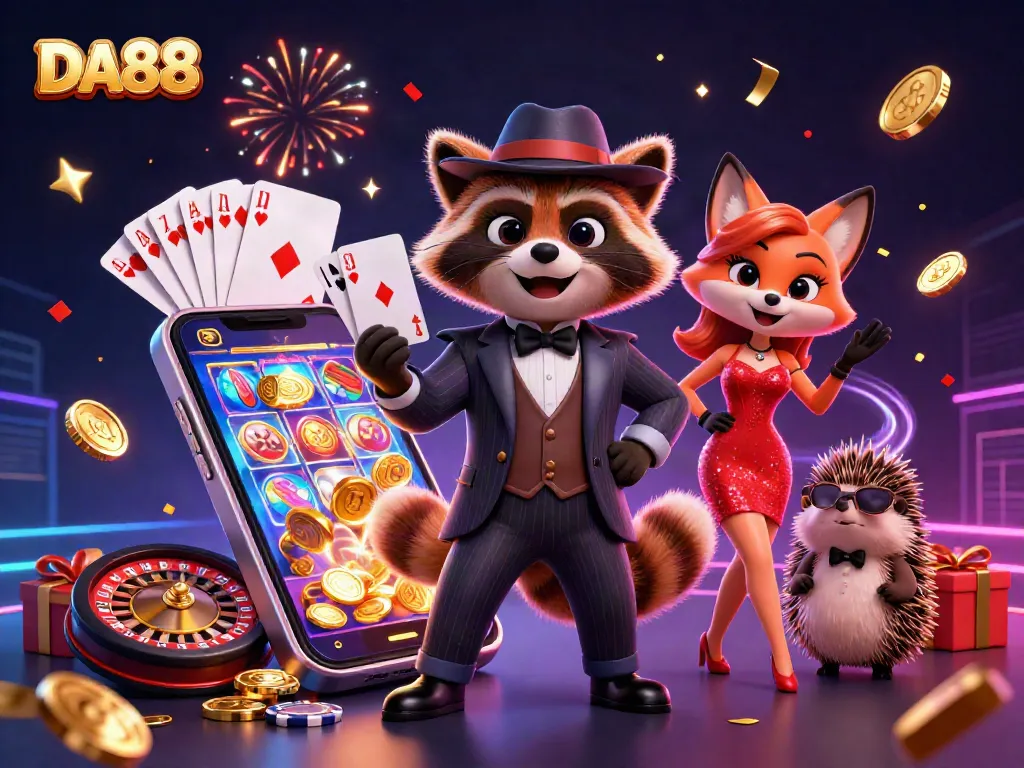 Experience the thrill of DA88 with a raccoon gambler, fox companion, and hedgehog bouncer amid exciting casino elements.