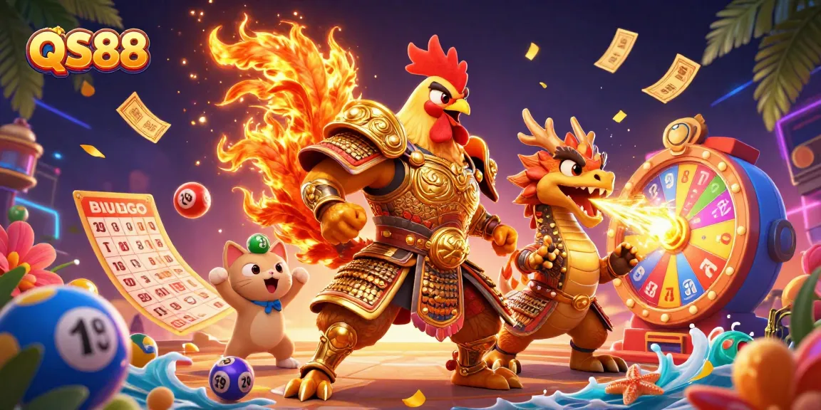Engage with QS88, where a fighting rooster and dragon celebrate dynamic lottery festivities!