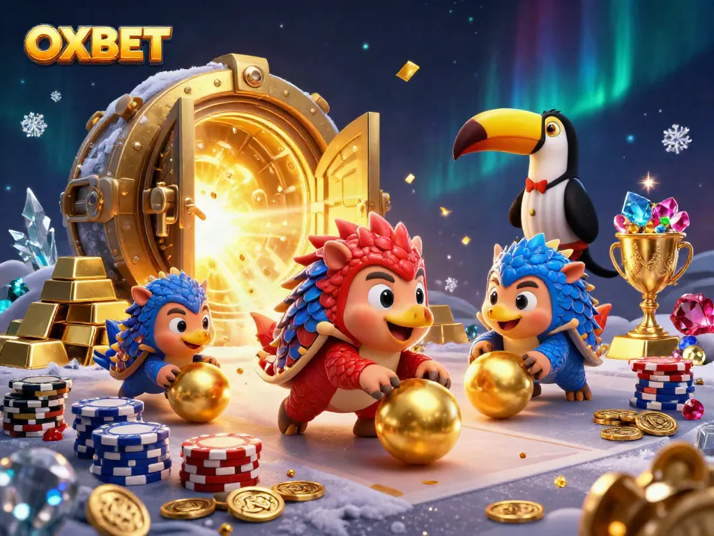 Engaging scene of pangolins competing in casino games, showcasing OXBET branded excitement.