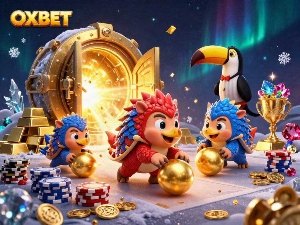 Engaging scene of pangolins competing in casino games, showcasing OXBET branded excitement.