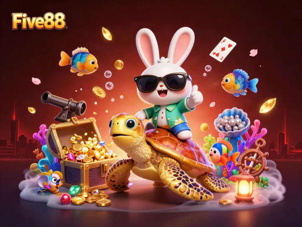 Join the excitement at Five88 with a lucky rabbit and a golden turtle in a lively underwater casino world.
