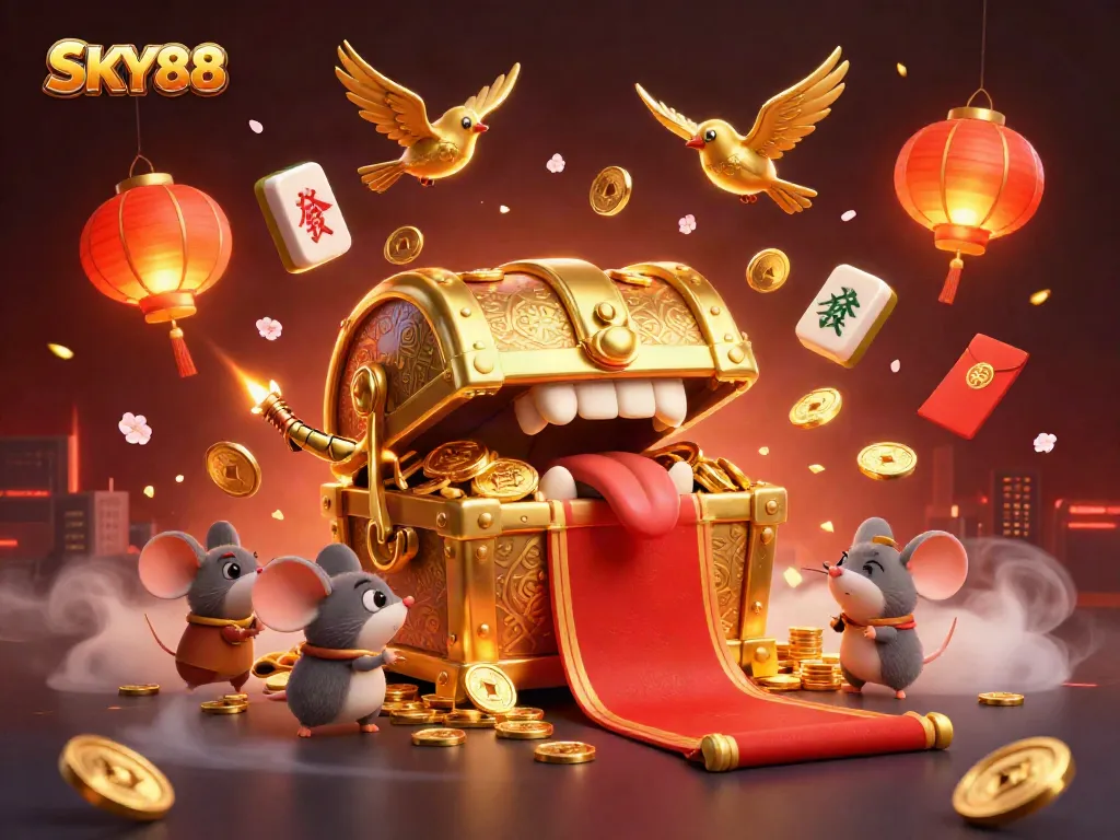 Engage with thrilling SKY88 adventures, featuring a vibrant treasure chest and dynamic gaming elements.