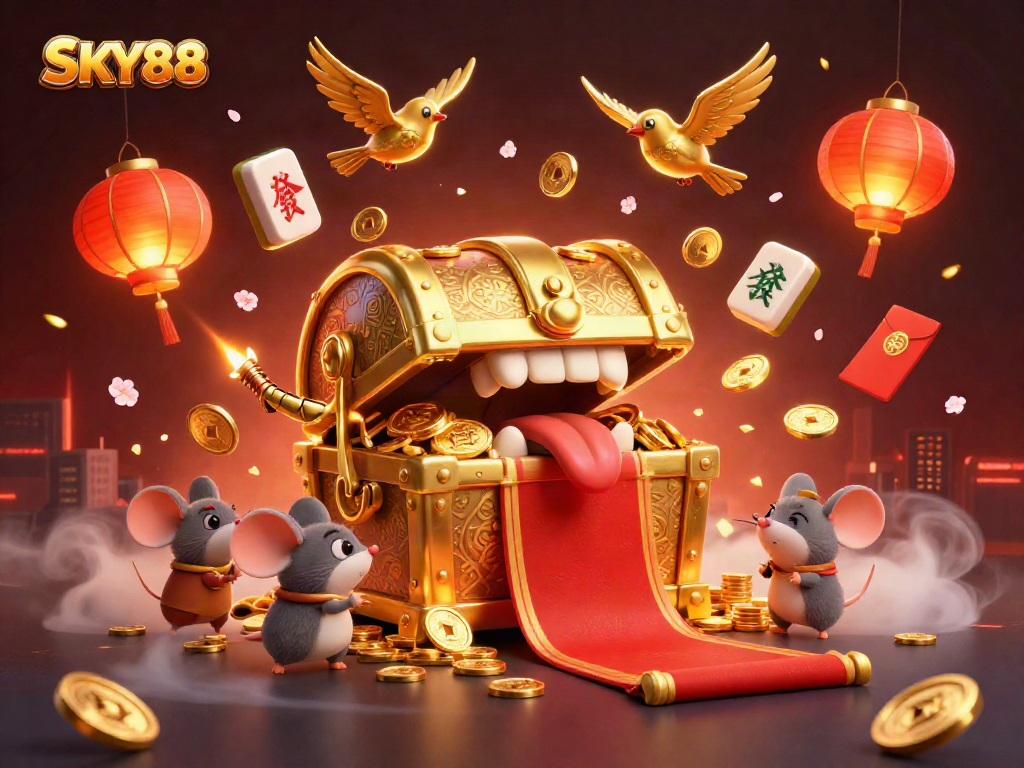 Engage with thrilling SKY88 adventures, featuring a vibrant treasure chest and dynamic gaming elements.