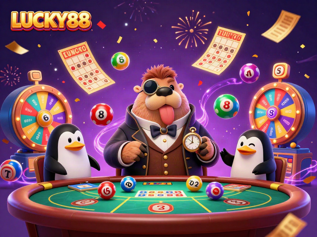 Participate in exciting gameplay at LUCKY88 with colorful lottery elements and casino characters.