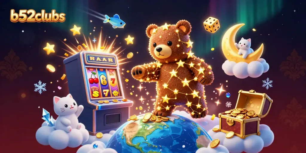 Experience the excitement of b52clubs with a magical casino scene featuring a constellation bear and vibrant game elements.