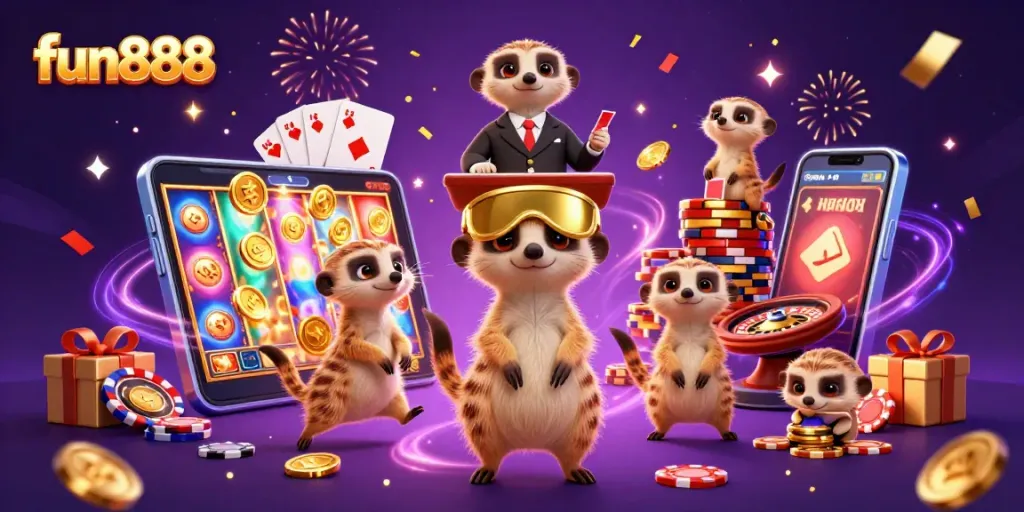 Engage with fun888, a vibrant 3D casino scene showcasing lively meerkats amidst dynamic gaming elements.