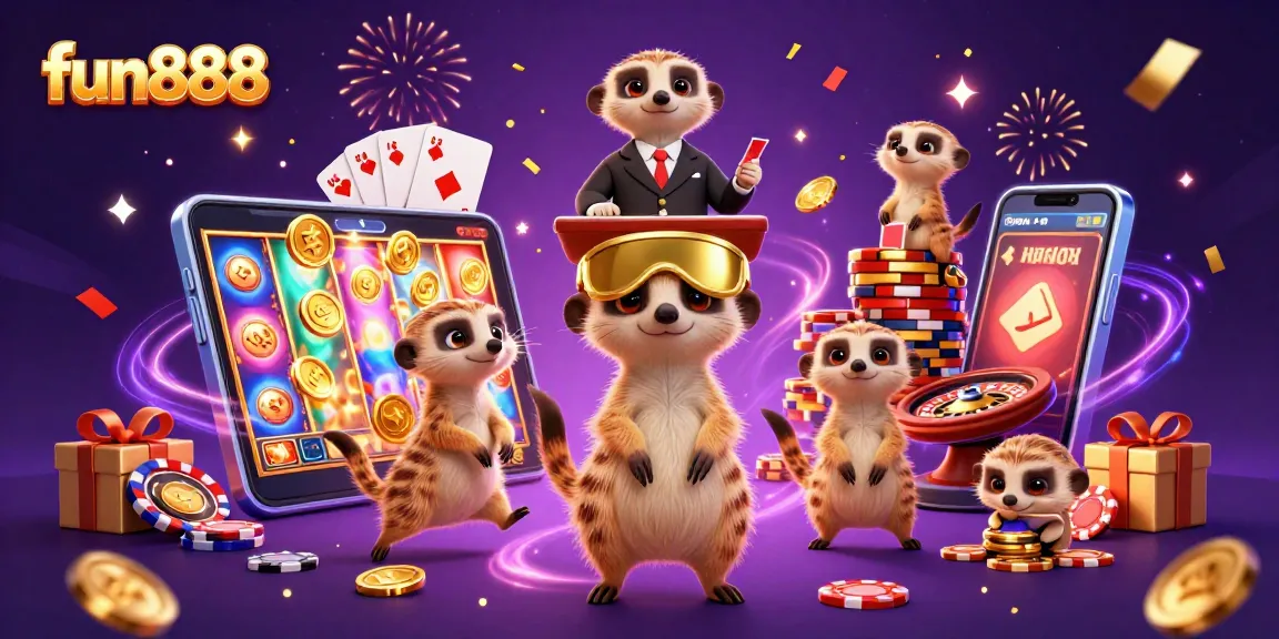 Engage with fun888, a vibrant 3D casino scene showcasing lively meerkats amidst dynamic gaming elements.