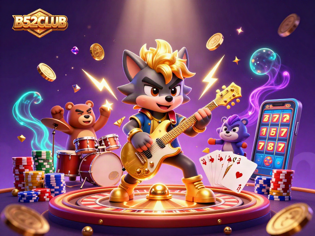 Engage in thrilling gaming adventures at B52CLUB with vibrant scenes of casino excitement and winning moments.