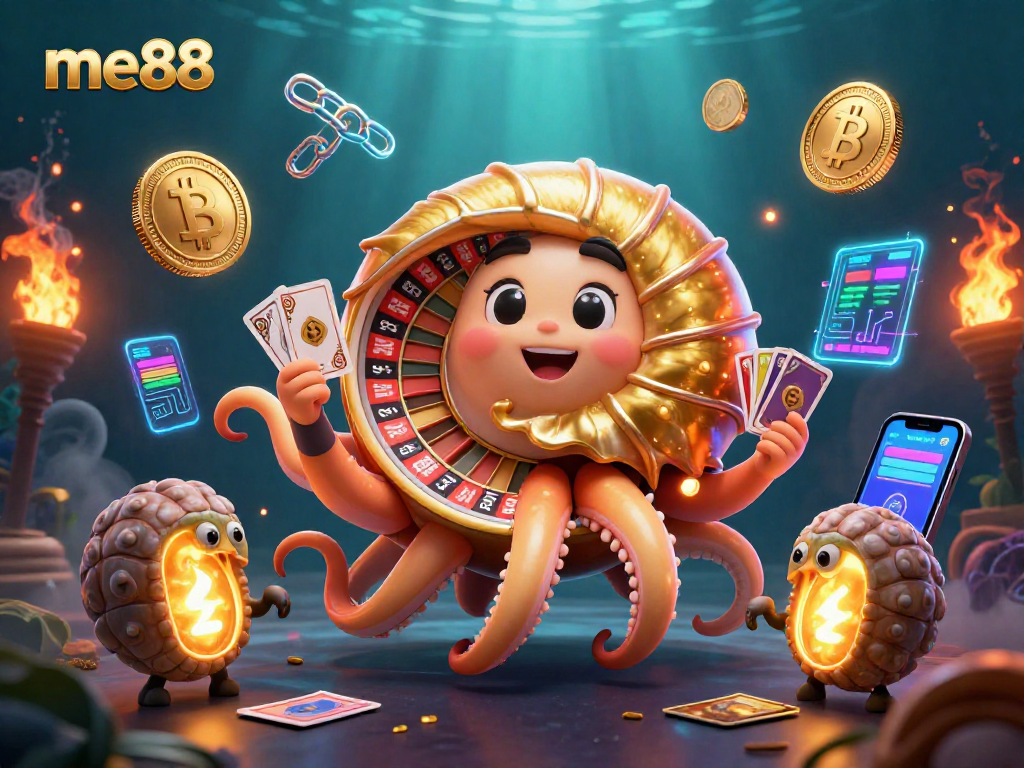 Experience thrilling wins at me88 with vibrant 3D casino elements, including a nautilus roulette wheel.
