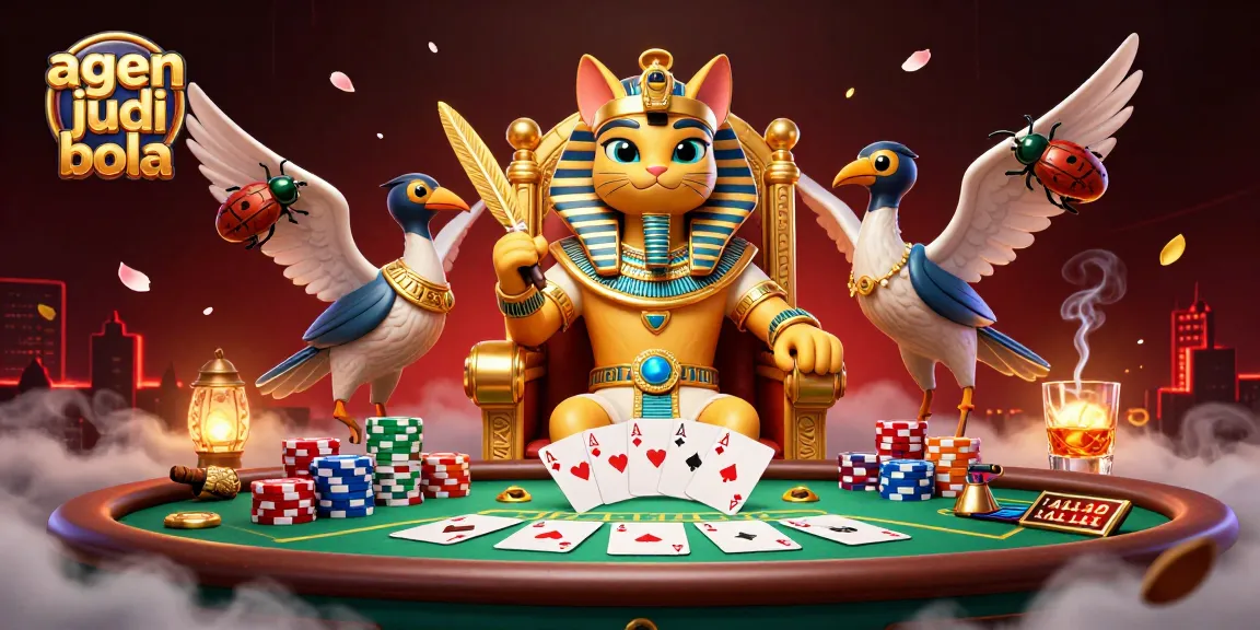 Engage in agen judi bola with vibrant 3D poker scene featuring pharaoh cat and rich casino elements.
