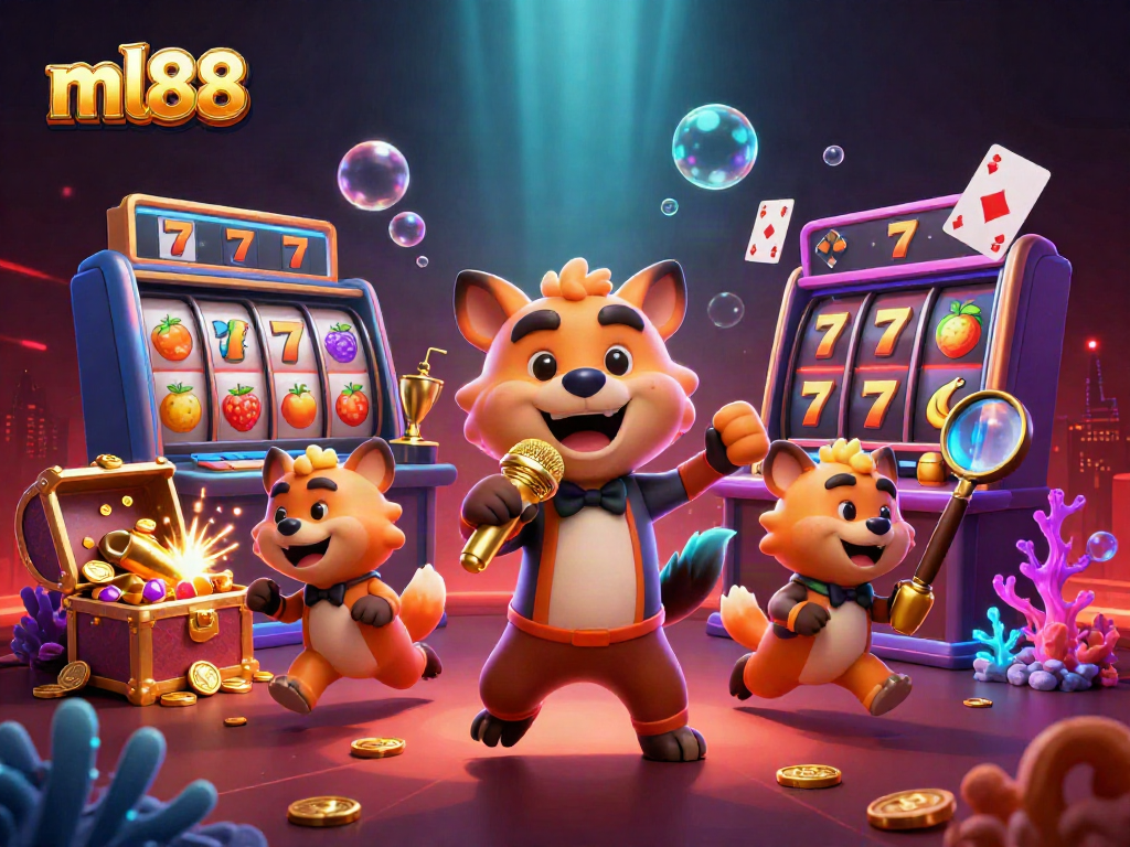 Experience the vibrant energy of ml88 with a 3D hyena comedy casino scene, featuring slot elements and lively characters.