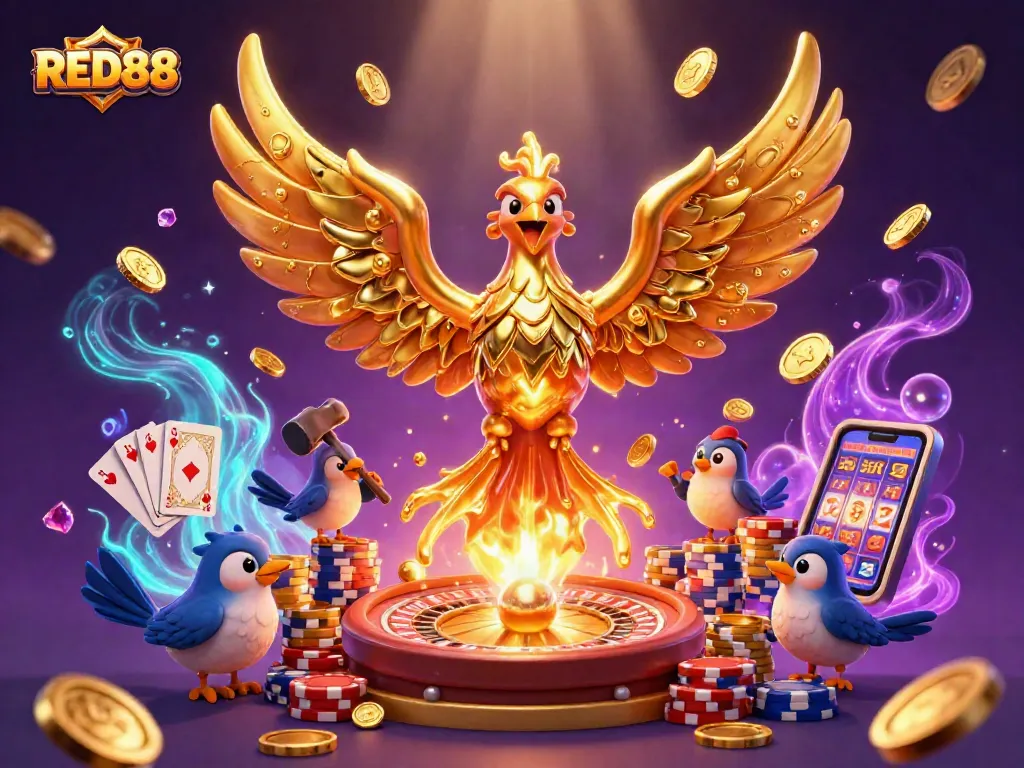 Engage in thrilling gameplay action with RED88's vibrant 3D casino illustration featuring a golden phoenix and dynamic gaming elements.