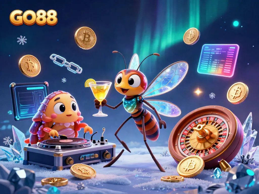Experience GO88 with a vibrant casino scene featuring unique characters and cryptocurrency elements.