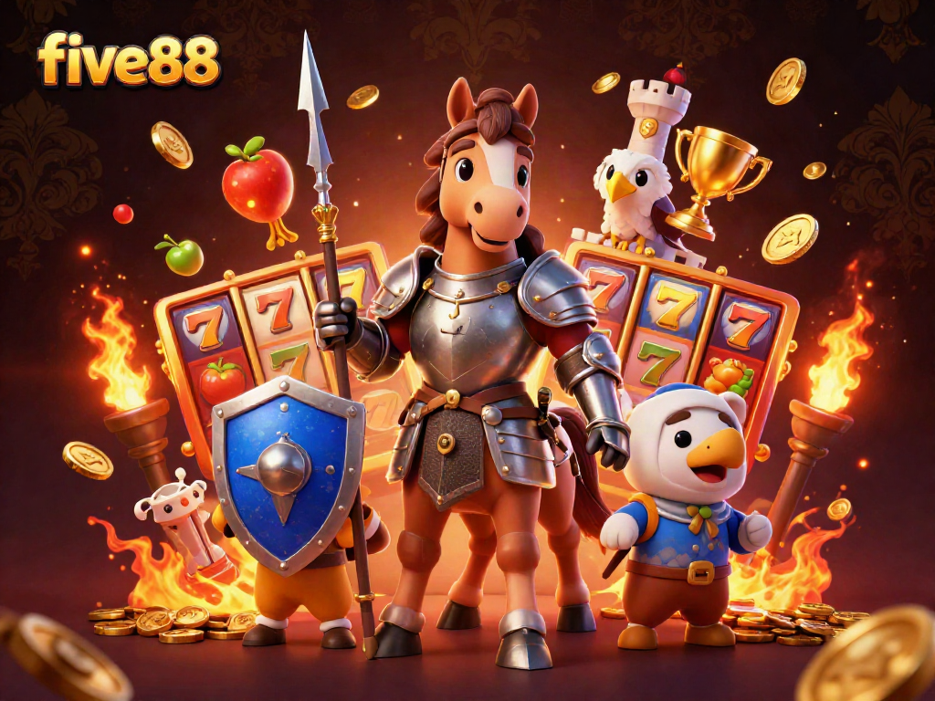 Engage with five88 as a knight and his companions celebrate exciting jackpots in a lively casino atmosphere.
