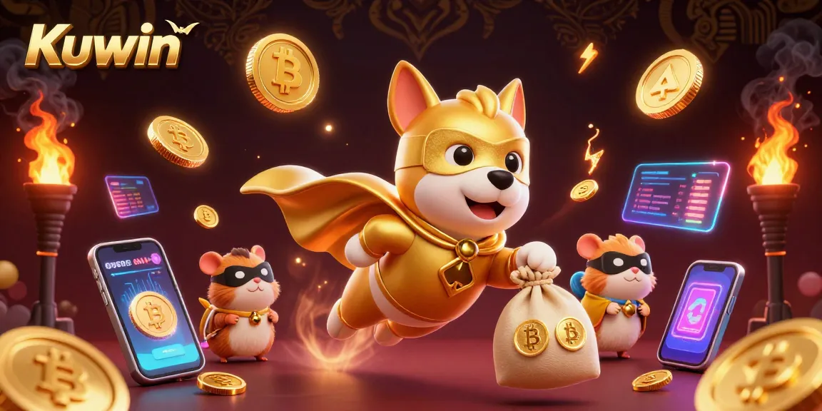 Kuwin-inspired cartoon illustration featuring a superhero dog flying with gold coins, showcasing vibrant casino elements.