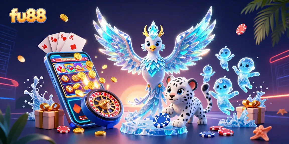Play slot games at fu88, featuring an ice phoenix and playful snow leopard, amidst dazzling game elements.