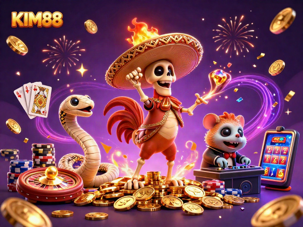 KIM88 promotional illustration with vibrant characters celebrating casino wins and gameplay
